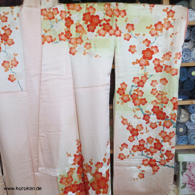 allover Sakurazweige, rosa, rot, gold Furisode Seidensatin Kimono