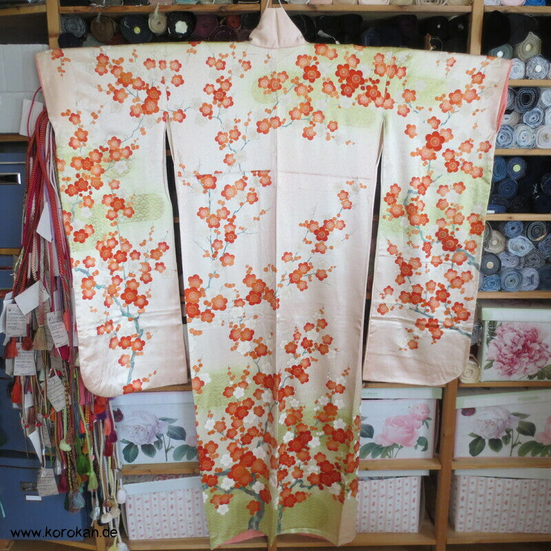 allover Sakurazweige, rosa, rot, gold Furisode Seidensatin Kimono
