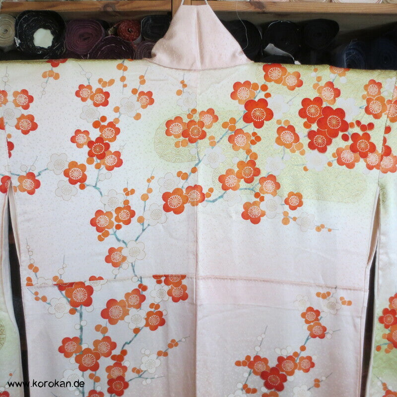 allover Sakurazweige, rosa, rot, gold Furisode Seidensatin Kimono