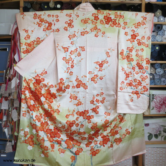 allover Sakurazweige, rosa, rot, gold Furisode Seidensatin Kimono