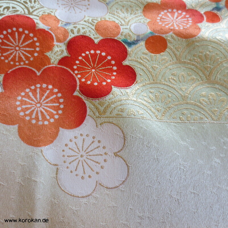 allover Sakurazweige, rosa, rot, gold Furisode Seidensatin Kimono