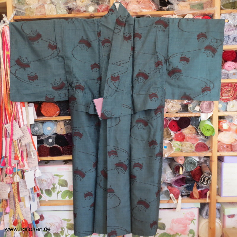Spindeln in rot auf petrol Meisen Seiden Komon Kimono