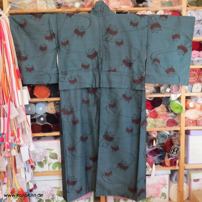 Spindeln in rot auf petrol Meisen Seiden Komon Kimono