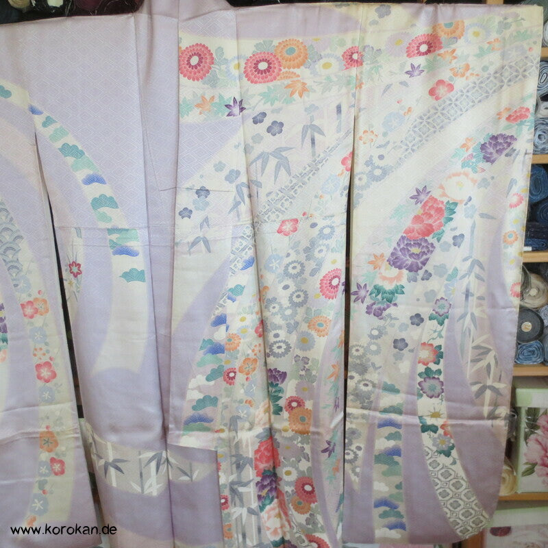 Noshi auf flieder, feiner leichter Furisode Seidendamast Kimono