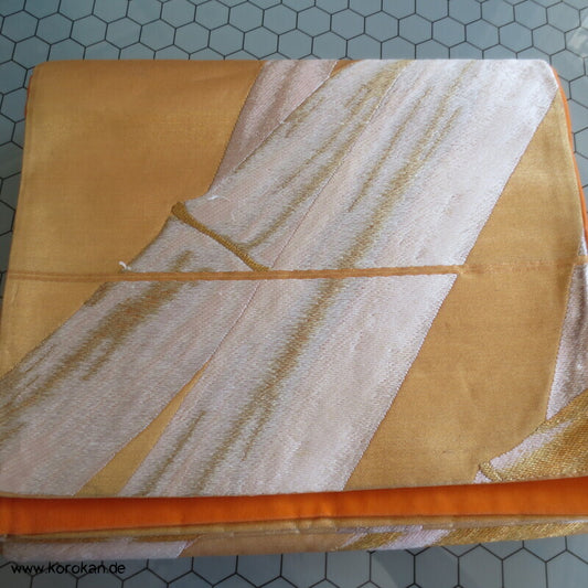 Fukuro Obi Seidenbrokat goldener Bambus auf mandarine