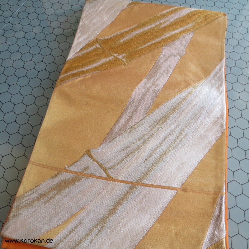 Fukuro Obi Seidenbrokat goldener Bambus auf mandarine