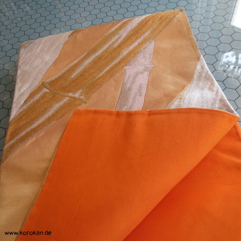Fukuro Obi Seidenbrokat goldener Bambus auf mandarine