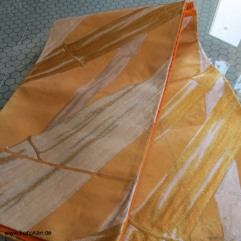 Fukuro Obi Seidenbrokat goldener Bambus auf mandarine