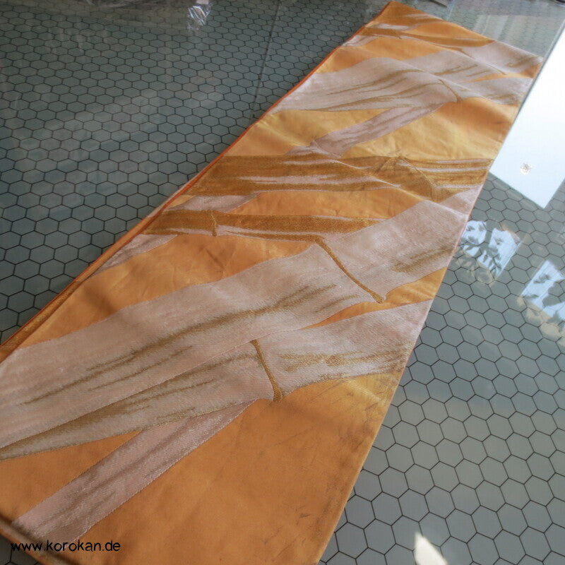 Fukuro Obi Seidenbrokat goldener Bambus auf mandarine