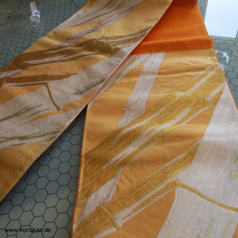 Fukuro Obi Seidenbrokat goldener Bambus auf mandarine