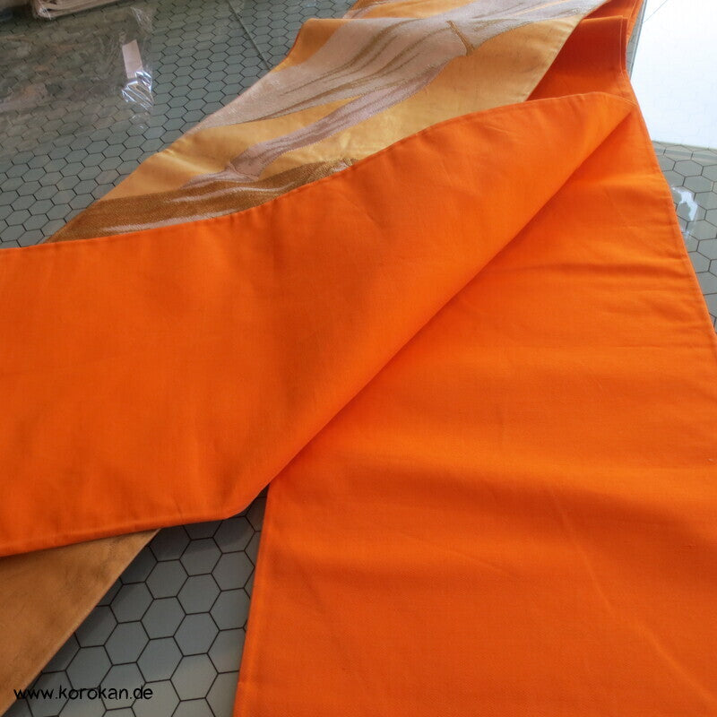 Fukuro Obi Seidenbrokat goldener Bambus auf mandarine