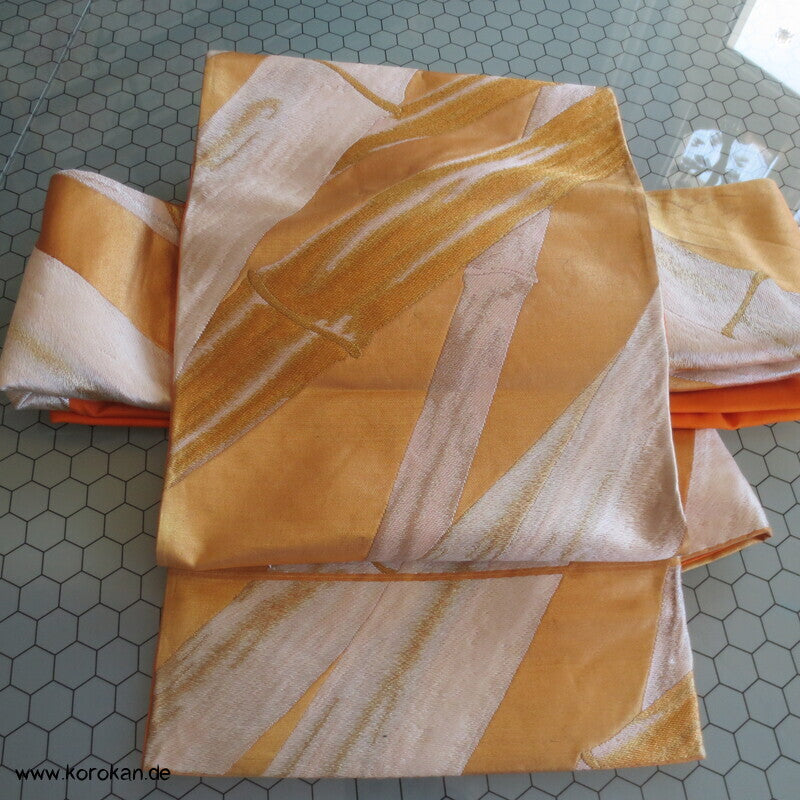 Fukuro Obi Seidenbrokat goldener Bambus auf mandarine