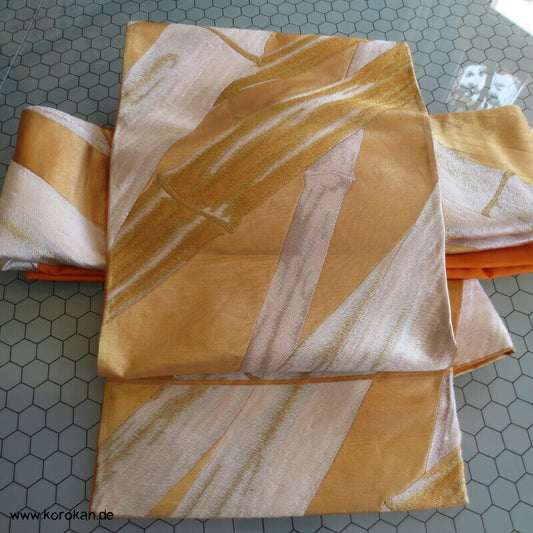 Fukuro Obi Seidenbrokat goldener Bambus auf mandarine