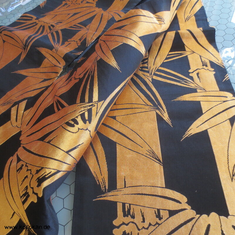 Fukuro Obi Seidenbrokat goldener Bambus auf schwarz