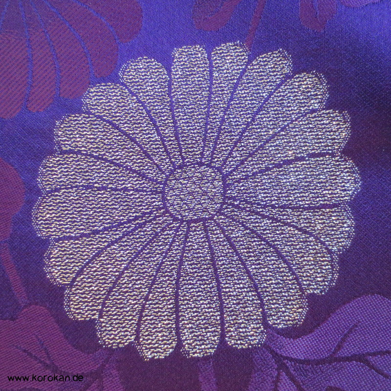 goldene Kraniche auf lila Synthetik Obi / Kimono Brokat