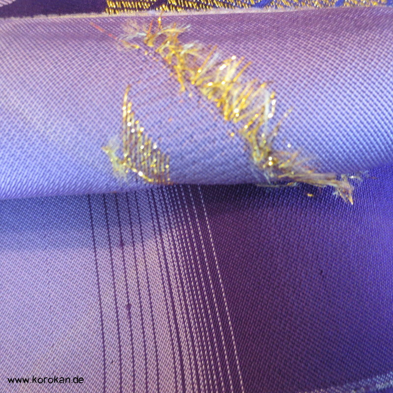 goldene Kraniche auf lila Synthetik Obi / Kimono Brokat