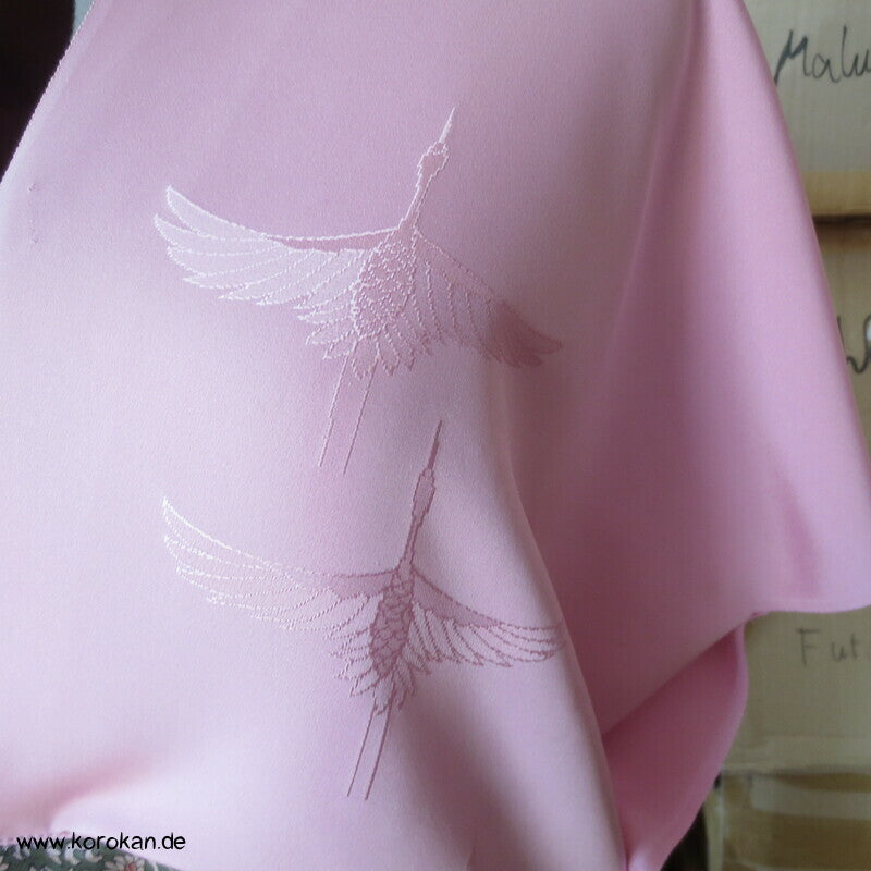 Upcycling Seidenshirt Kimonostoffreste, rosa Kranichdamast und Millefleur Crepe
