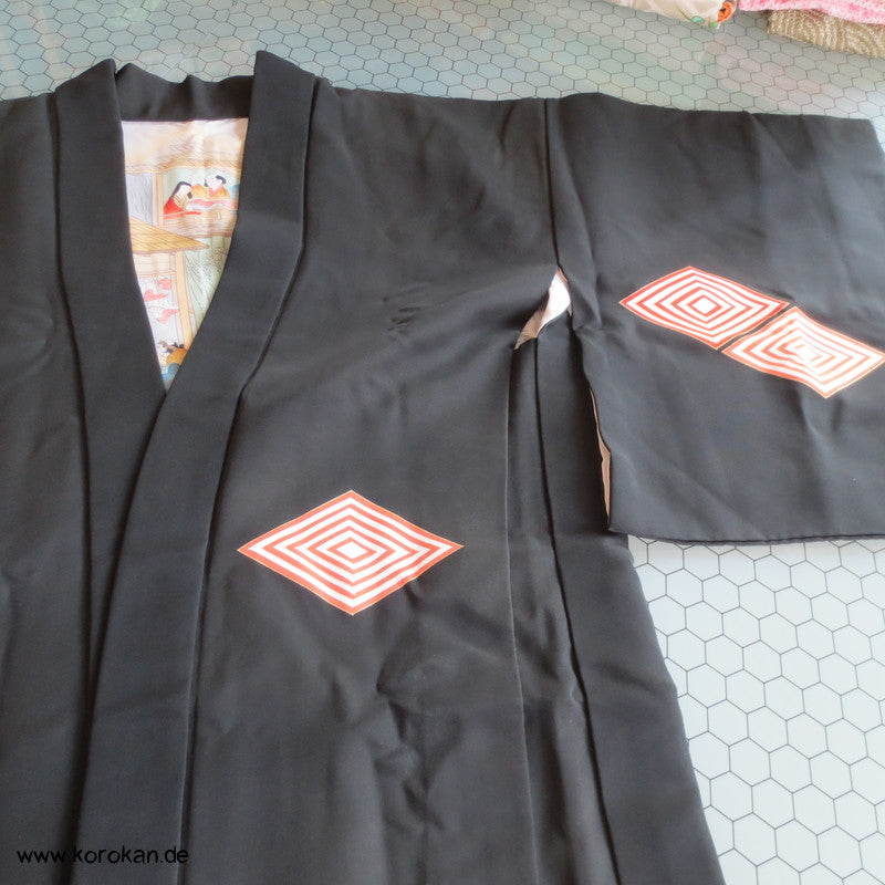 japanische Haori Kimono Jacke mit Diamantrauten, handgemaltes Seidenfutter