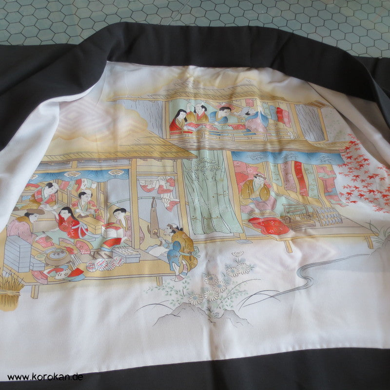japanische Haori Kimono Jacke mit Diamantrauten, handgemaltes Seidenfutter