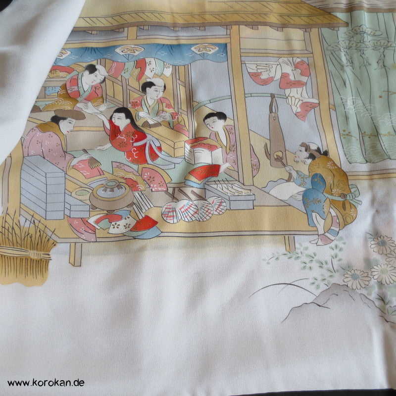 japanische Haori Kimono Jacke mit Diamantrauten, handgemaltes Seidenfutter