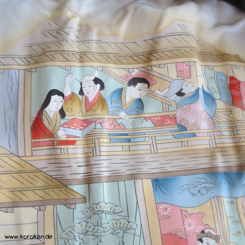 japanische Haori Kimono Jacke mit Diamantrauten, handgemaltes Seidenfutter