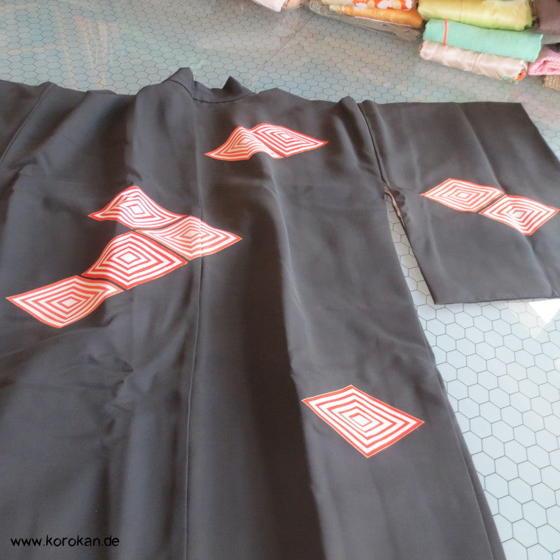 japanische Haori Kimono Jacke mit Diamantrauten, handgemaltes Seidenfutter