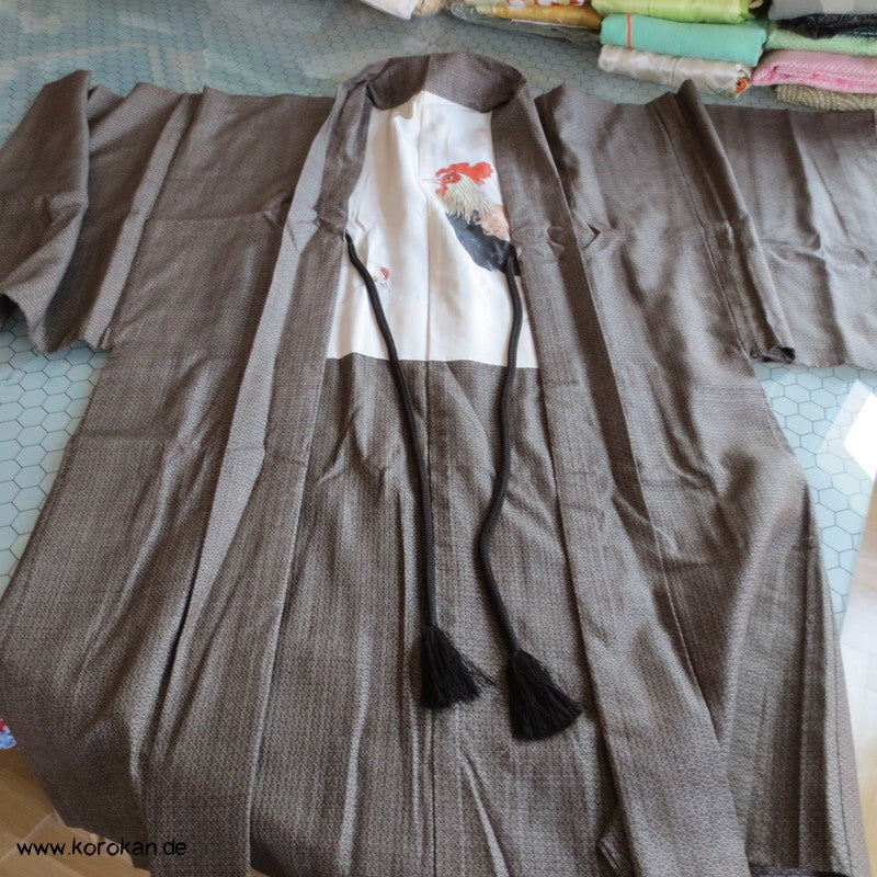 handgemalter Hahn Seiden Futter, Oshima Tsumugi Kasur Seiden Haori Kimono Jacke