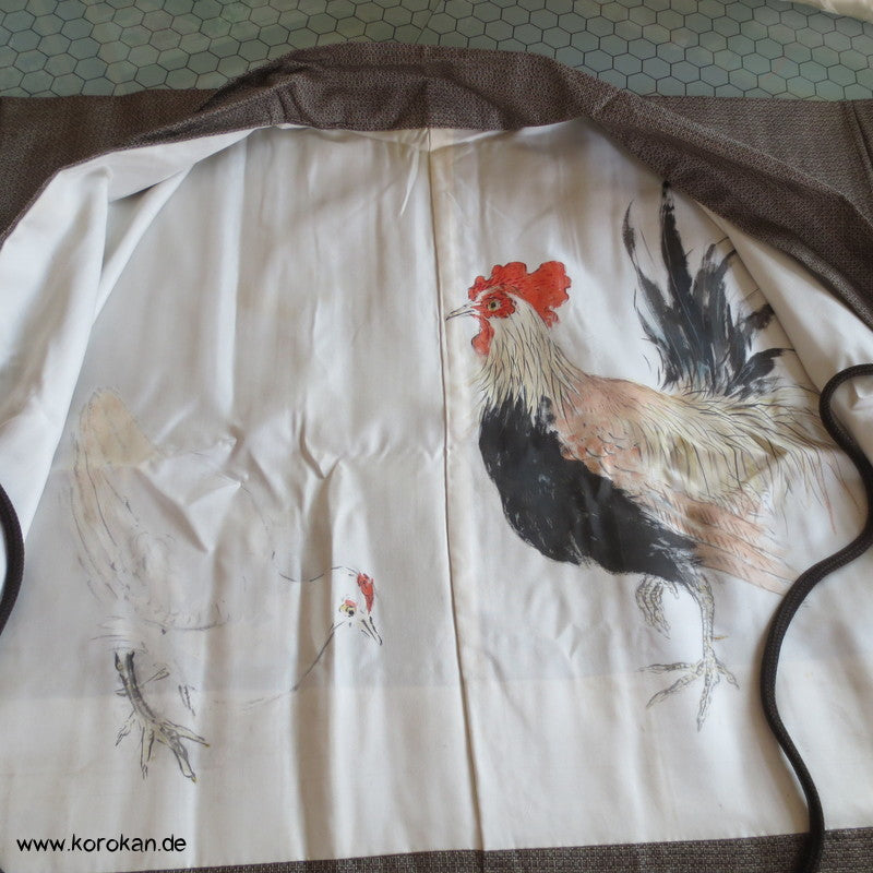 handgemalter Hahn Seiden Futter, Oshima Tsumugi Kasur Seiden Haori Kimono Jacke