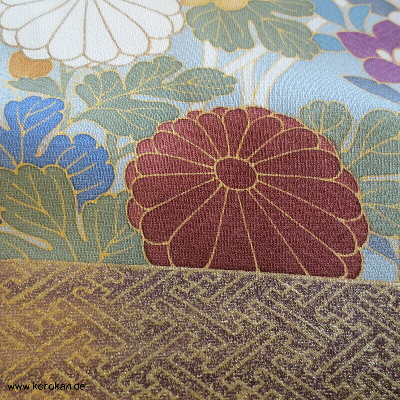 Blütenstreifen auf mattgold Iro Tomesode Mitsukoshi Kimono Seidendamast