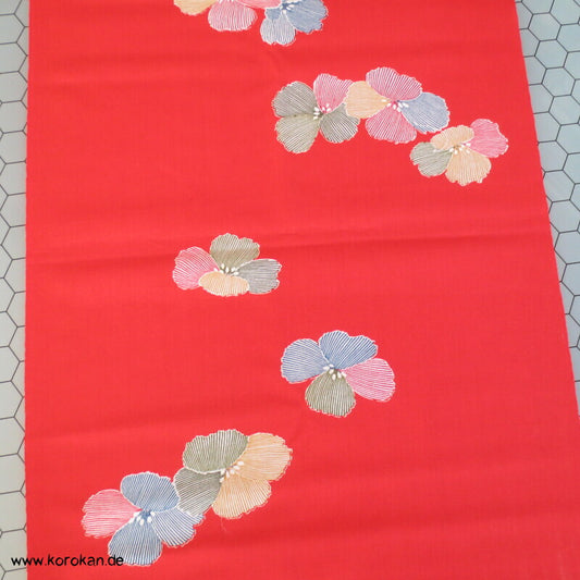 Kimono Wollstoff mit bunten Blüten auf hellrot
