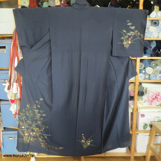 mitternachtsblauer Hitoe Homongi Seiden Kimono, mit Blumen