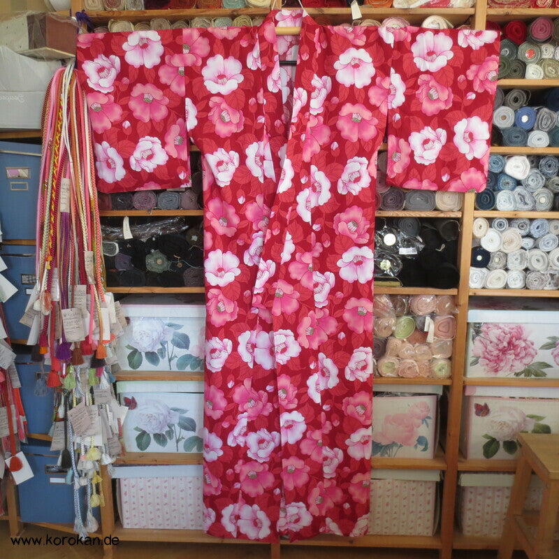 neuer Yukata, reine Baumwolle, Kamelien rot rosa