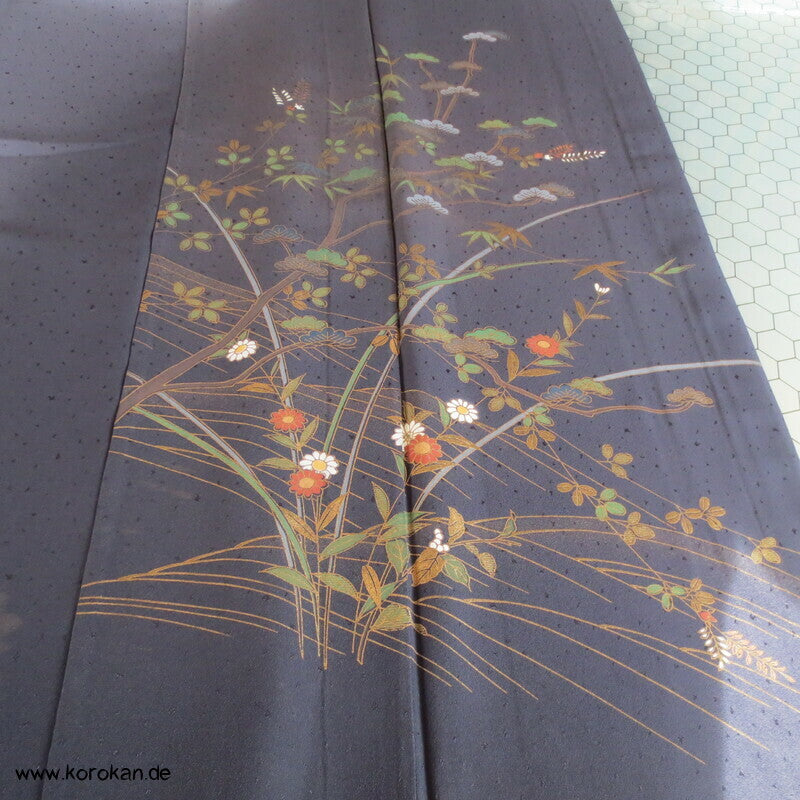 mitternachtsblauer Hitoe Homongi Seiden Kimono, mit Blumen