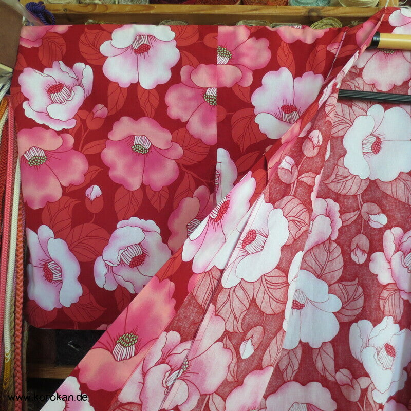 neuer Yukata, reine Baumwolle, Kamelien rot rosa