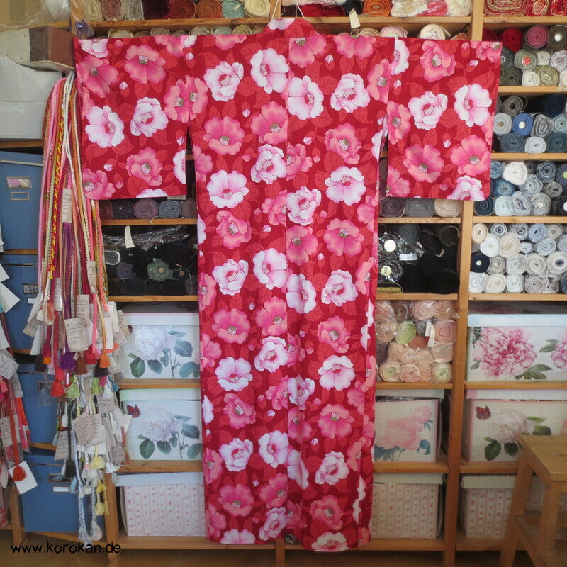 neuer Yukata, reine Baumwolle, Kamelien rot rosa