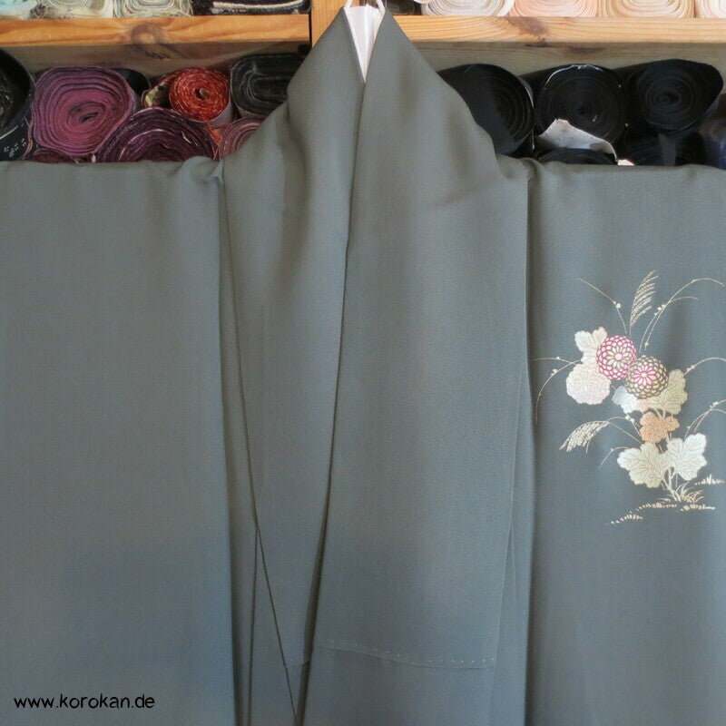 Glitzerblumen auf dunkelpetrolgrau Homongi Seidencrepe Kimono