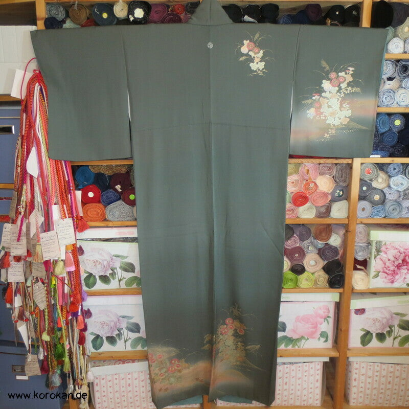 Glitzerblumen auf dunkelpetrolgrau Homongi Seidencrepe Kimono