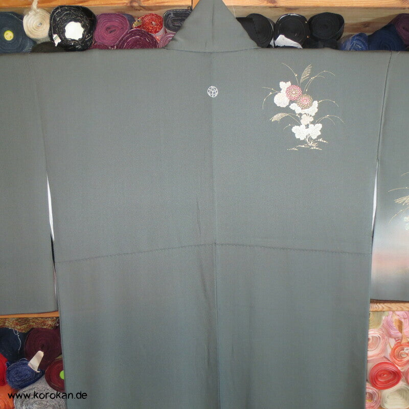 Glitzerblumen auf dunkelpetrolgrau Homongi Seidencrepe Kimono