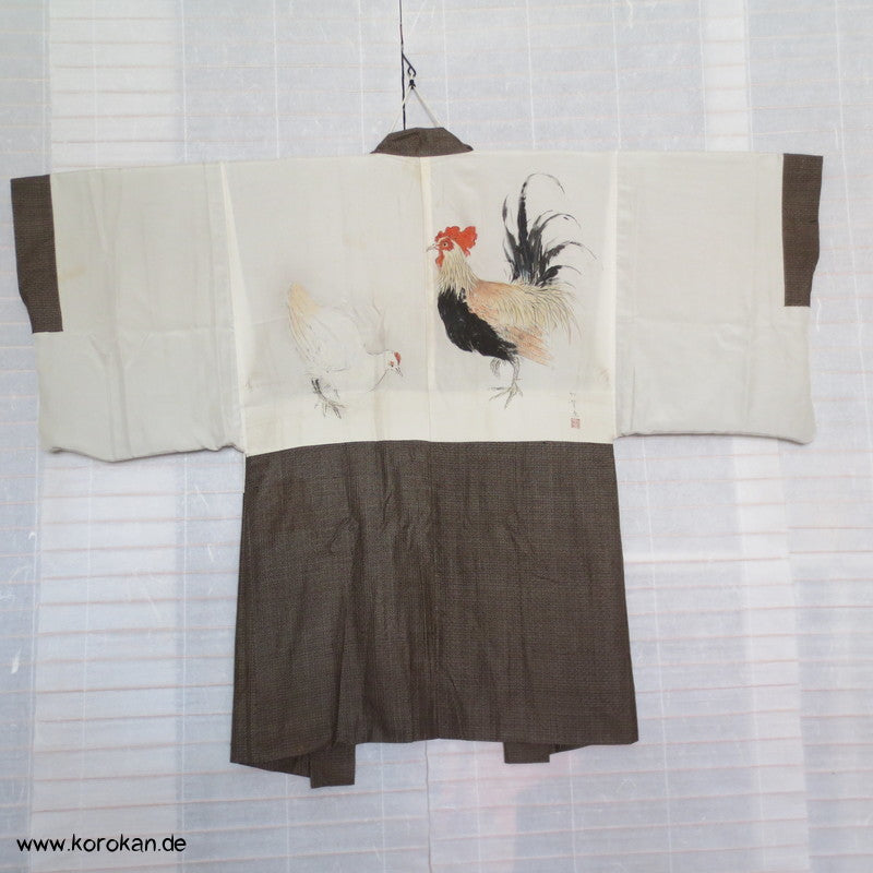 handgemalter Hahn Seiden Futter, Oshima Tsumugi Kasur Seiden Haori Kimono Jacke