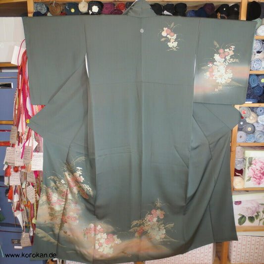 Glitzerblumen auf dunkelpetrolgrau Homongi Seidencrepe Kimono