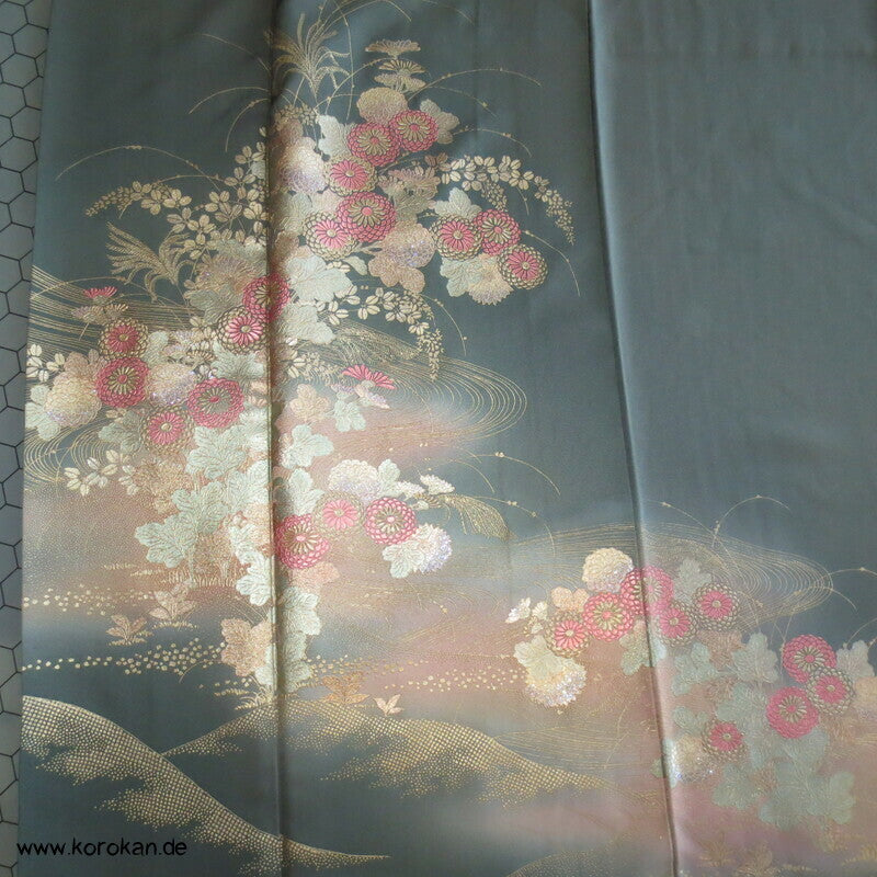 Glitzerblumen auf dunkelpetrolgrau Homongi Seidencrepe Kimono