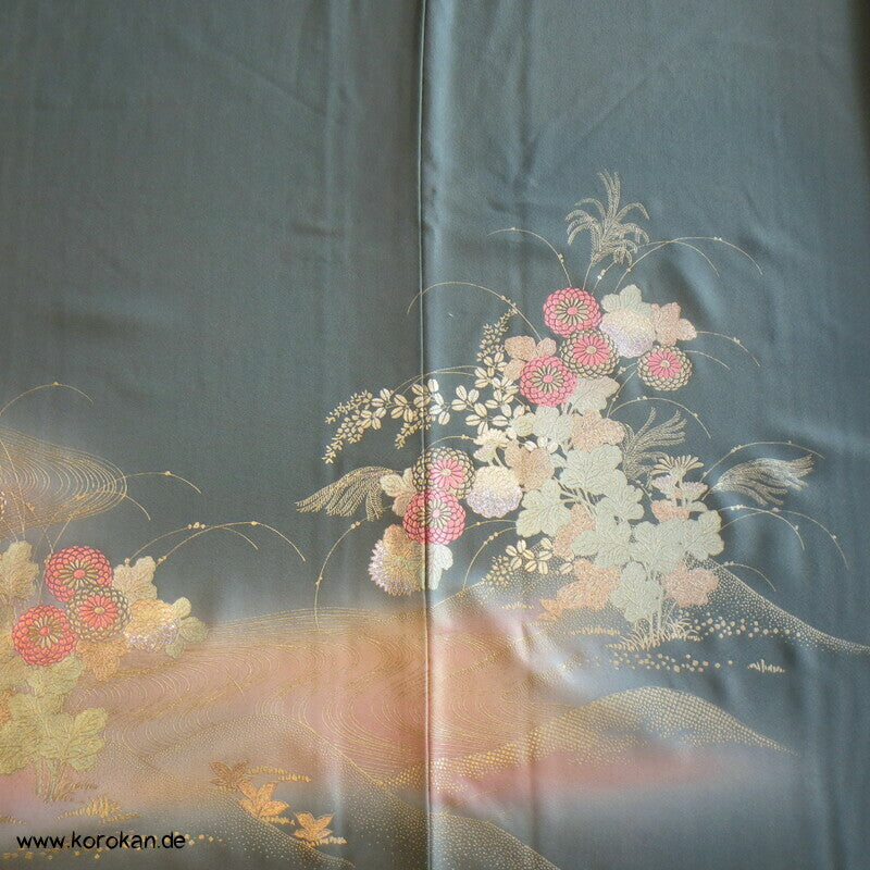 Glitzerblumen auf dunkelpetrolgrau Homongi Seidencrepe Kimono
