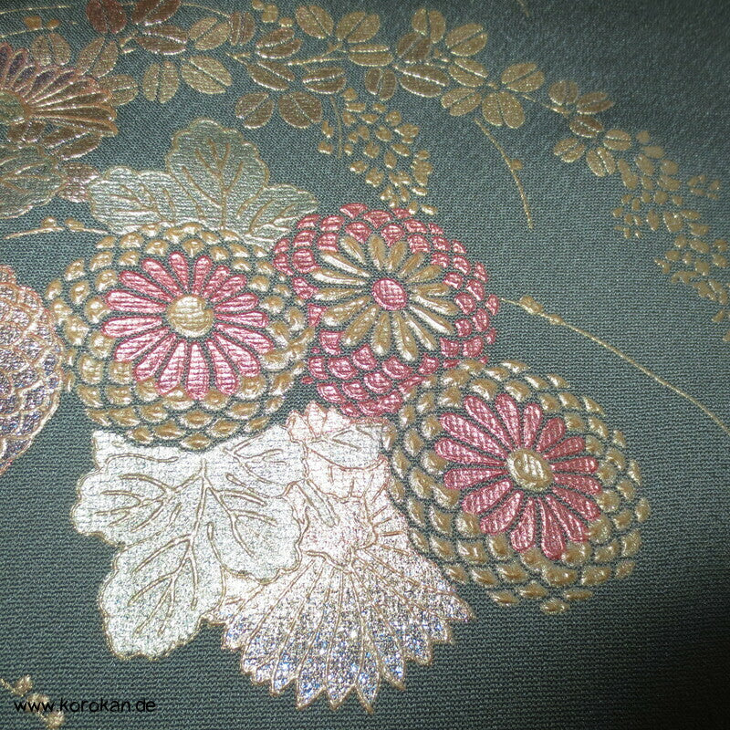Glitzerblumen auf dunkelpetrolgrau Homongi Seidencrepe Kimono