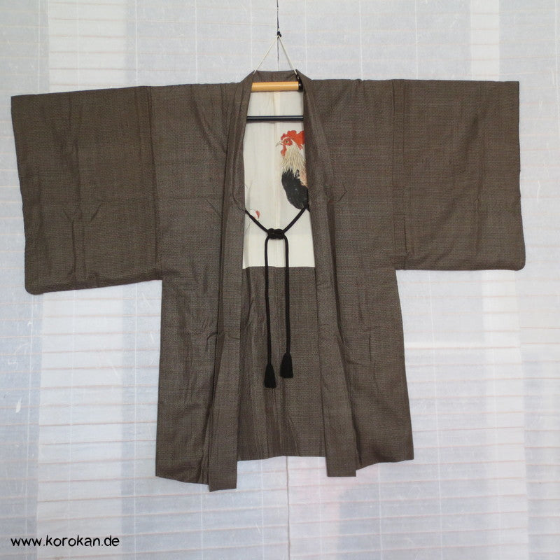 handgemalter Hahn Seiden Futter, Oshima Tsumugi Kasur Seiden Haori Kimono Jacke