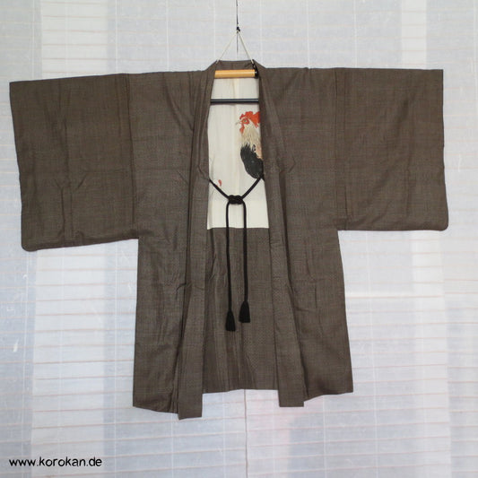 handgemalter Hahn Seiden Futter, Oshima Tsumugi Kasur Seiden Haori Kimono Jacke