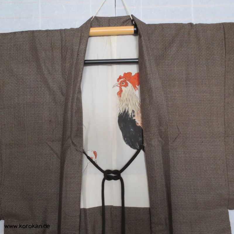 handgemalter Hahn Seiden Futter, Oshima Tsumugi Kasur Seiden Haori Kimono Jacke