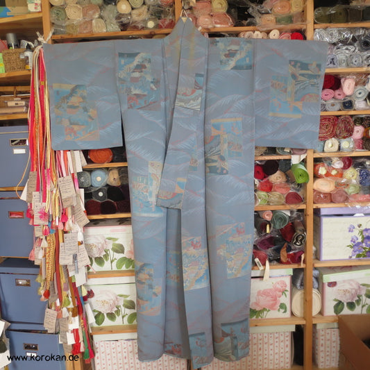 1950'er Shikishi Bilder Omeshi Seidenbrokat Komon Kimono