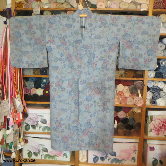 Kurzer Hitoe Damen Kimono Tsumugi Seide mit Kasuri Blüten Muster, ungefüttert