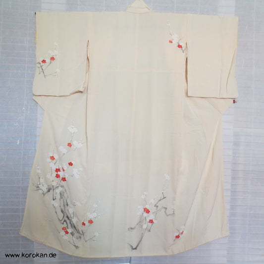 Sakura Kirschzweige, teilbestickt auf heller Crepe Seide Homongi Kimono