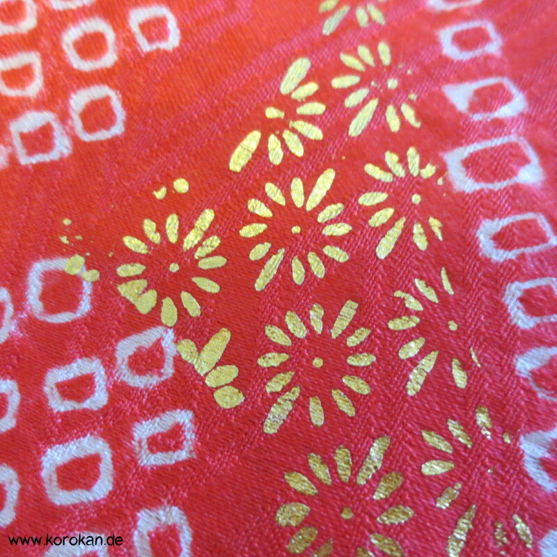 Shibori Rauten und Stickerei Furisode, Rinzu Damast